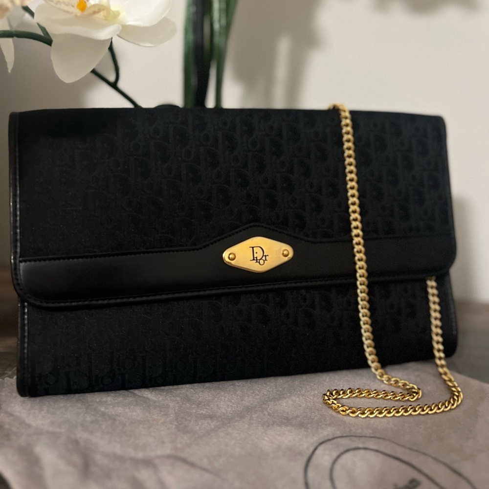Vintage Christian Dior Trotter Canvas Chain Crossbody Shoulder Bag Clutch Black